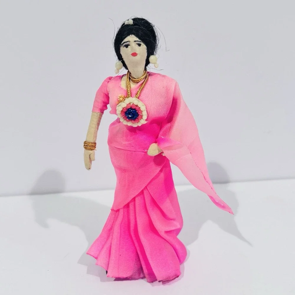 Vintage Indian Hindu Culture‎ Cloth Doll Souvenir With A Traditional Pink Dress